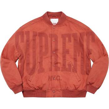 Red Supreme Washed Knockout Denim Varsity Jackets | AU448ZG